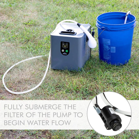 Portable Propane Water Heater And Shower Pump For Camping And Outdoors, Instant Hot Water With LCD Auto Safety Shutoff system next to blue bucket