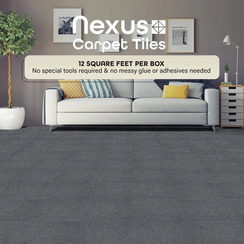 Self Adhesive 12 Inch Carpet Tile Pack With Peel And Stick Flooring For Kitchen, Dining Room, Bedrooms And Bathrooms In Smoke Grey