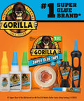 Gorilla brand double-sided super glue tape with various adhesive products, highlighting strong and tough bonding solutions.