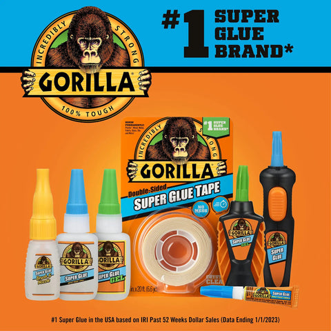 Gorilla brand double-sided super glue tape with various adhesive products, highlighting strong and tough bonding solutions.