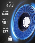Flap disc for angle grinder, blue zirconia abrasive, 4-1/2 in diameter, 7/8 in arbor, Type 27 bevel, grit 40