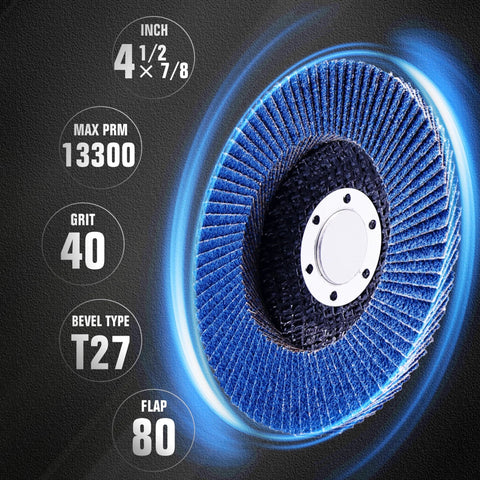 Flap disc for angle grinder, blue zirconia abrasive, 4-1/2 in diameter, 7/8 in arbor, Type 27 bevel, grit 40