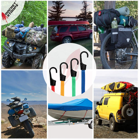 Image of various vehicles and DIY settings using the Ultimate Flat Outdoor Bungee Cord Set, 28 Heavy Duty Cords In 18, 24, 32, And 40 Inch Lengths.