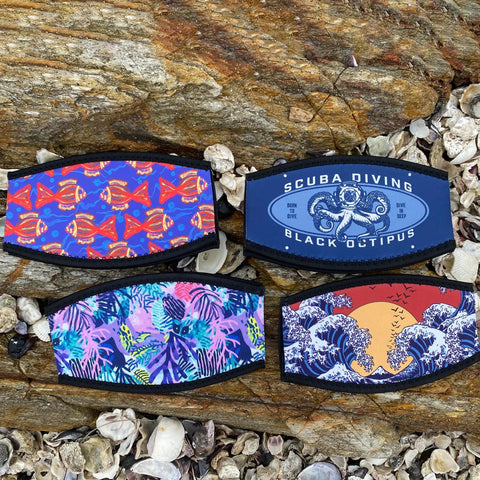 Cyberpunk Style Neoprene Diving Mask Strap Covers Set Four Pieces For Swimming Goggles Head Band Slap On Replacement Accessories Water Sport Gear Bright Color Codes For Quick Easy Identification And Fun Underwater Adventures with fish, octopus, coral, and wave designs