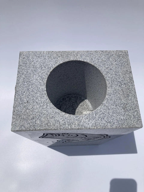 Top view of Tapered Granite Gravesite Vase With Engraved Design Gray Georgia Granite 8 By 6 By 10 Inches Handcrafted USA