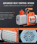Front view of VEVOR 7 CFM dual-stage HVAC vacuum pump with oil bottle and orange handle.