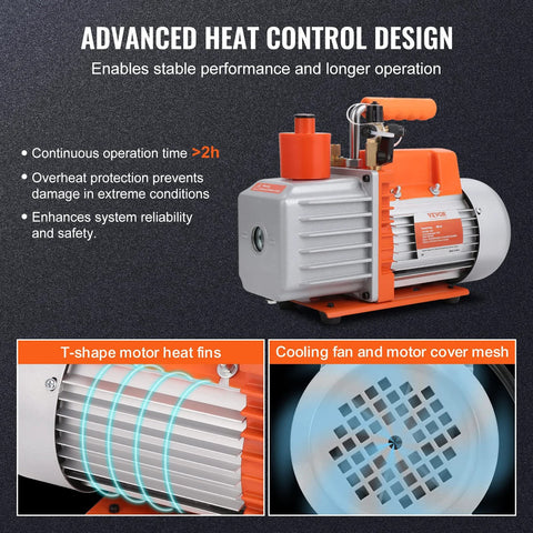 Front view of VEVOR 7 CFM dual-stage HVAC vacuum pump with oil bottle and orange handle.