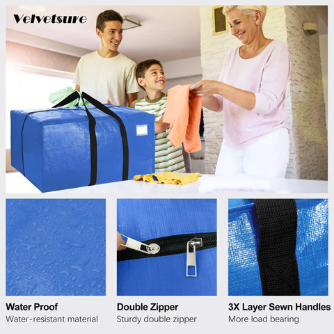 Family using Heavy Duty Extra Large Moving Bags With Backpack Straps And Strong Zippers Space Saving Totes for clothes and toys.