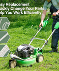 Person using lawn mower on grass with focus on 5.0 mm pull start cord replacement for lawn mower and outdoor power equipment, 10 meters long recoil starter rope for trimmer chainsaw and weed eater, compatible with Husqvarna Stihl Craftsman Ryobi Poulan Homelite. "Easy replacement, quickly change your parts, help you work efficiently" text overlay.