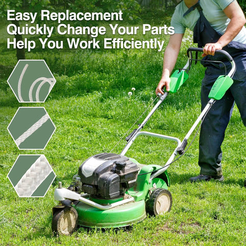 Person using lawn mower on grass with focus on 5.0 mm pull start cord replacement for lawn mower and outdoor power equipment, 10 meters long recoil starter rope for trimmer chainsaw and weed eater, compatible with Husqvarna Stihl Craftsman Ryobi Poulan Homelite. "Easy replacement, quickly change your parts, help you work efficiently" text overlay.