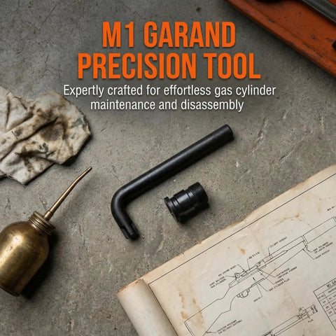 Built Like A Tank All Steel M1 Garand Gas Cylinder Lock Screw Paired With Heavy Duty Replacement Wrench on table, tools for maintenance.