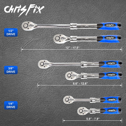 Three Piece Extendable Ratchet Set With Half Inch Drive, Three Eighths Inch Drive, And Quarter Inch Drive on textured background.