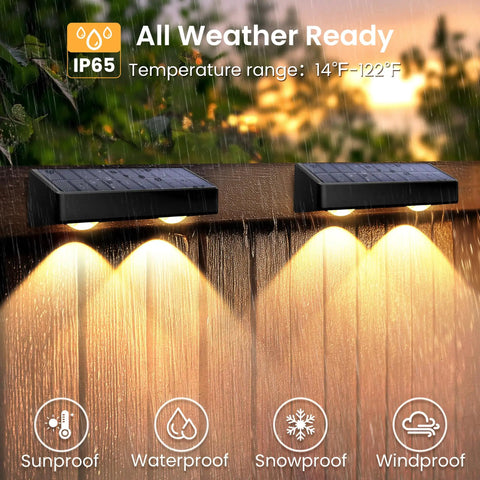 Solid Solar Fence Lights For Outdoor Deck Railings And Garden Pathways Featuring Smooth Color Changing RGB Cycles With IP65 Waterproof Design Great To Level Up Your Backyard Hangout And Serve Dope Nighttime Ambiance In An Eight Piece Set, shown during rain with warm illumination.
