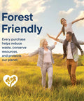 Family enjoying a day in the field, highlighting eco-friendly message "Forest Friendly" with conservation text beside them.