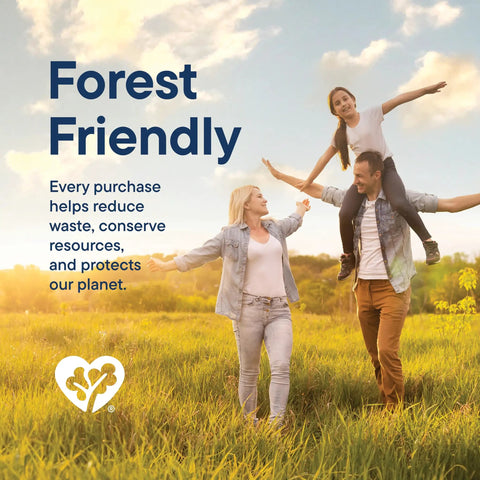 Family enjoying a day in the field, highlighting eco-friendly message "Forest Friendly" with conservation text beside them.