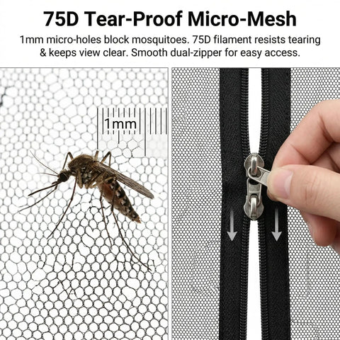 Close-up of 75D polyester mesh with mosquito and double zipper, part of Mosquito Netting for Patio Umbrella 10x10 Ft Canopy Screen.