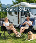 Couple sitting on Big And Tall Rocking Camping Chair With 400 Lb Capacity outside RV, enjoying leisure with dog