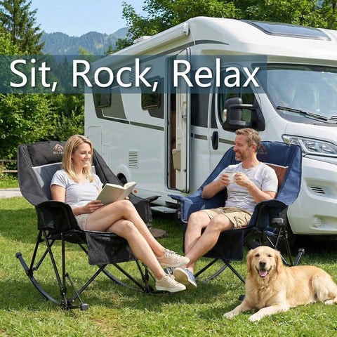 Couple sitting on Big And Tall Rocking Camping Chair With 400 Lb Capacity outside RV, enjoying leisure with dog