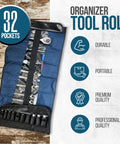 Image of 32 Pocket Tool Roll Organizer With 22 Pockets And 10 Socket Holders Roll Up Tool Bag for technicians