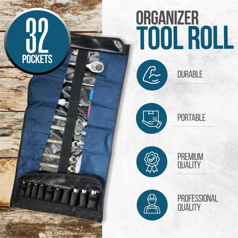 Image of 32 Pocket Tool Roll Organizer With 22 Pockets And 10 Socket Holders Roll Up Tool Bag for technicians