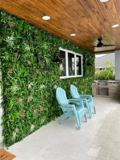 Artificial Rainforest Living Wall Grass Panels 20 By 40 Inch 5 Pack For Indoor Outdoor Use on patio wall with chairs