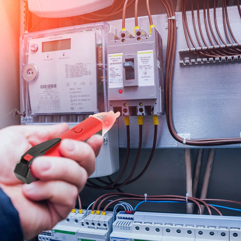 Non Contact AC Voltage Detector Pen for quick cable and socket voltage checks in use near an electrical panel