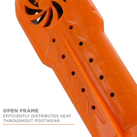 Close-up of the open frame design of the Ready In A Snap Boot Dryer And Portable Shoe Dryer Featuring Hybrid Forced Air Heating To 99 Degrees.