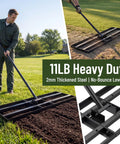 Man using 35 Inch Wide Lawn Leveling Rake With 6.5 Ft Long Handle, Heavy Duty Yard Leveler And Workhorse For Dirt And Sand, 2mm Thick Stainless Steel Ground Leveler, Wide Surface Rake, Includes Gloves on lawn