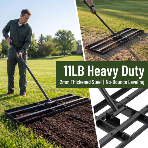 Man using 35 Inch Wide Lawn Leveling Rake With 6.5 Ft Long Handle, Heavy Duty Yard Leveler And Workhorse For Dirt And Sand, 2mm Thick Stainless Steel Ground Leveler, Wide Surface Rake, Includes Gloves on lawn