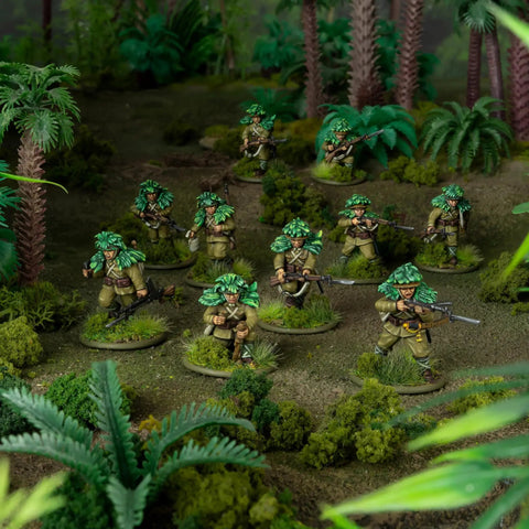 Japanese Army Infantry Platoon 28mm Plastic Miniatures for Bolt Action World War II tabletop figures in a jungle setting