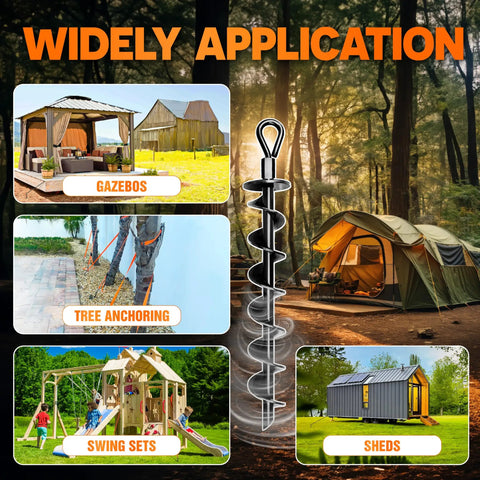 Image showing applications of 4 Pack Heavy Duty Ground Anchors With Power Nut Driver Drill Bit for tents, swing sets, and sheds in windy areas.
