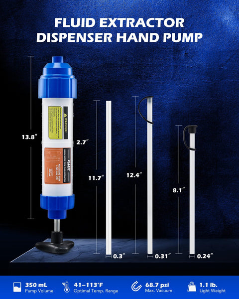 Oil Extractor Pump 350mL Syringe With 3 Hoses, dimensions and features displayed, for car fluid changes.
