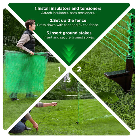 Movable Temporary Fence With Posts 3 Ft By 50 Ft Plastic Mesh Safety Barrier For Dogs And Pets With Fiberglass Stakes shown in use