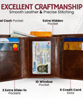 Open Rugged Leather Mens RFID Blocking Trifold Wallet With Double Cash Compartments Secret Pocket Top Grain Forest Brown