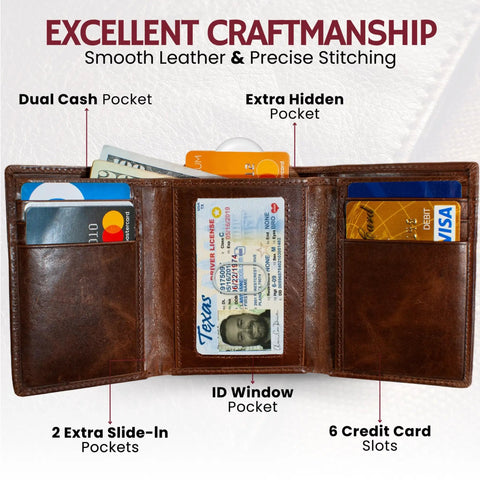 Open Rugged Leather Mens RFID Blocking Trifold Wallet With Double Cash Compartments Secret Pocket Top Grain Forest Brown