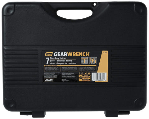 Black carrying case for 7 Piece Auto Body Hammer and Dolly Set for Dent Repair with label details