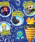 4 Feet Tall Bubble Machine With Lights And Music For Outdoor Parties, showing features like lights, base, and included solution.