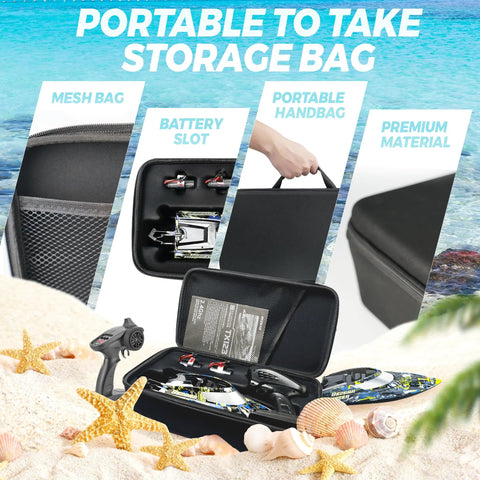 High Speed Remote Control Boat For Lakes And Pools With Portable Carry Case on a beach with starfish and seashells