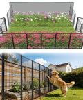Heavy Duty Outdoor Garden Fence For The Yard, 40 Inch High By 36.2 Foot Long Metal Animal Barrier For Dogs, shown installed with flowers and dog.