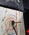 Axe embedded in a wooden target at an axe-throwing range, with a red and blue bullseye and a hardwood handle.