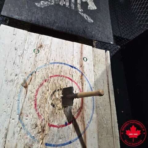 Axe embedded in a wooden target at an axe-throwing range, with a red and blue bullseye and a hardwood handle.