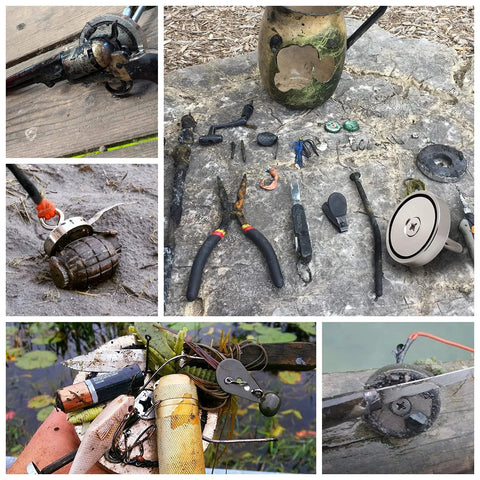 FINDMAG neodymium fishing magnets kit with 60 mm magnets and assorted retrieval tools spread on rocks