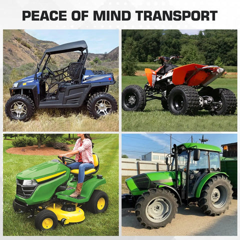 ATV, UTV, lawn mower, and tractor for use with Beefy Heavy Duty Wheel Chock And Tie Down Kit With 4400Lb Break Strength Trailer Tire Straps