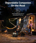 Camping scene with SOLIX F2000 Portable Power Station 2400W Solar Generator With LiFePO4 Battery, RV setup, campfire