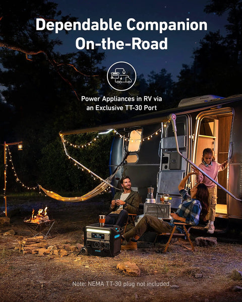 Camping scene with SOLIX F2000 Portable Power Station 2400W Solar Generator With LiFePO4 Battery, RV setup, campfire