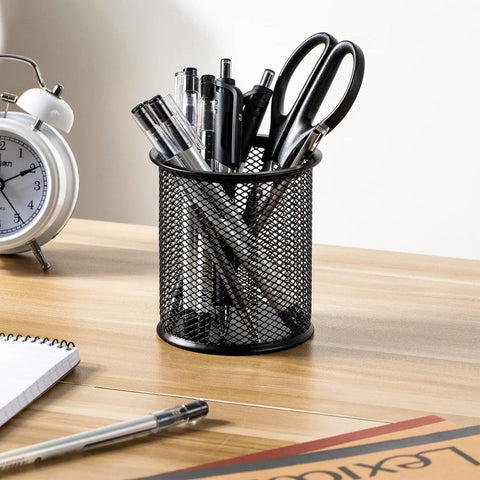 Wire Mesh Pen Holder And Pencil Cup Desk Organizer For Stationery And Office Supplies Sturdy Steel Mesh With Black Powder Coat Holds Pens Scissors Rulers And More Compact 3.7 By 3.3 Inches Caddy