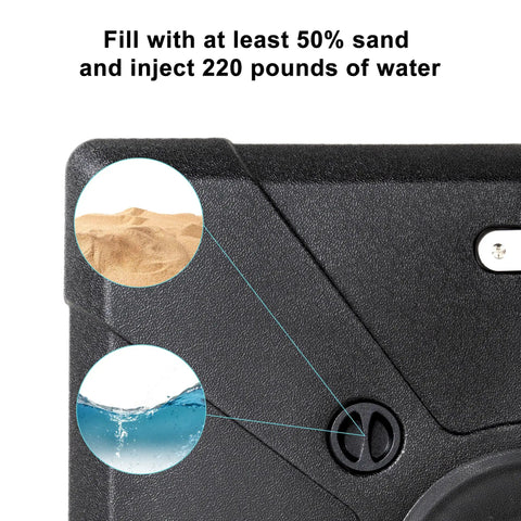 Close-up of filling instructions on Heavy Duty Cantilever Umbrella Base Weatherproof PP Plastic 32.2 By 32.2 Inches Sand Fillable