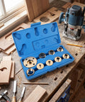 Top Shelf Brass Router Bushing Template Guide Set 11 Pieces For Quick Install Woodworking Accessories in blue case on workbench.