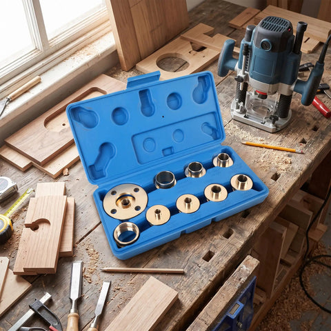 Top Shelf Brass Router Bushing Template Guide Set 11 Pieces For Quick Install Woodworking Accessories in blue case on workbench.