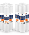 8-pack of 5 Micron 20x4.5 Water Filter Cartridges for whole house filtration, showing sediment and CTO carbon block filters.